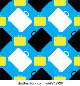 seamless pattern illustration - black, white and yellow suitcases in front of a blue background