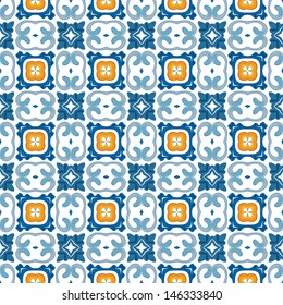 Seamless pattern illustration in blue and orange - like Portuguese tiles