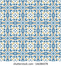 Seamless pattern illustration in blue, orange and yellow - like Portuguese tiles