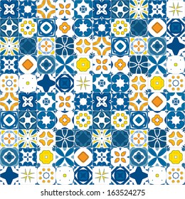 Seamless pattern illustration in blue, orange and yellow - like Portuguese tiles