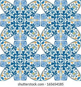 Seamless pattern illustration in blue and orange - like Portuguese tiles