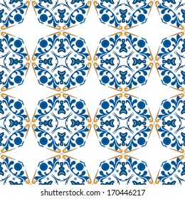 Seamless pattern illustration in blue and orange - like Portuguese tiles