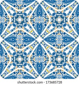 Seamless pattern illustration in blue and orange - like Portuguese tiles