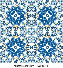 Seamless pattern illustration in blue and orange - like Portuguese tiles