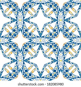 Seamless pattern illustration in blue and orange - like Portuguese tiles