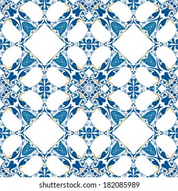 Seamless pattern illustration in blue and orange - like Portuguese tiles