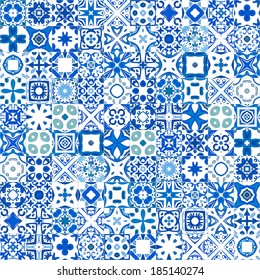 Seamless pattern illustration in blue and white - like Portuguese tiles