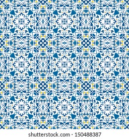 Seamless pattern illustration in blue and yellow - like Portuguese tiles