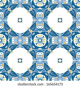 Seamless pattern illustration in blue, yellow and orange - like Portuguese tiles