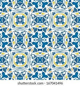 Seamless pattern illustration in blue and yellow - like Portuguese tiles