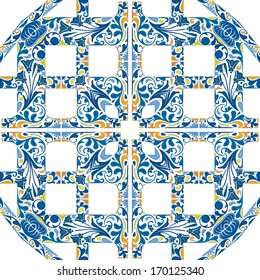 Seamless pattern illustration in blue, yellow and orange - like Portuguese tiles