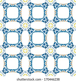 Seamless pattern illustration in blue, yellow and orange - like Portuguese tiles