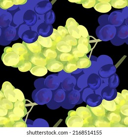 Seamless pattern with illustration of blue and yellow grapes in a watercolor style