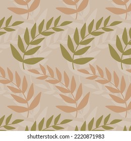 Seamless pattern illustration of branches in block row layout and soft boho colors. Surface design element in repeating square tile.
