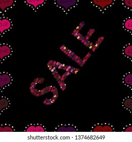 Seamless pattern. Illustration in brown, black and red colors. Sale words cloud, business concept background. Lettering. Vector.