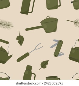  Seamless pattern with illustration for camping. Background with camping utensils.