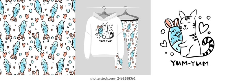 Seamless pattern and illustration with cat hugs fish. Best friends bundle. Yum-yum text. Cute design pajamas. Baby background for fashion t-shirt print, birthday invitation card, wrapping