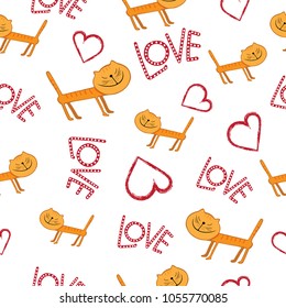 Seamless pattern with illustration cats, hearts and "love". Sweet drawing for packing, paper decorative, textil, wallpaper children.