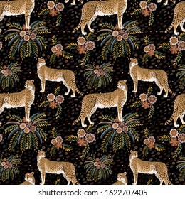 Seamless pattern, illustration with a Cheetah, multicolored bouquets and specks on a black vector background