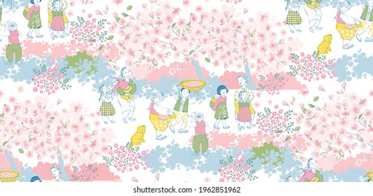 Seamless pattern illustration of cherry blossom viewing children and people in the neighborhood. The modern design of Korea. Design for Poster, card, picture frame, fabric, and web design