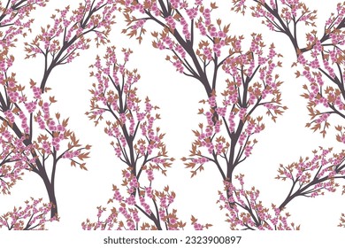 Seamless pattern illustration of cherry blossoms on a tree branch, background vector