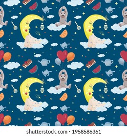 Seamless pattern illustration in childrens flat style cartoon for childrens bedroom design, Little teddy bear Flying in balloons past the sleeping moon