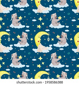 Seamless pattern illustration in childrens flat cartoon style for childrens bedroom design, Little teddy bear holding a star sitting on a cloud