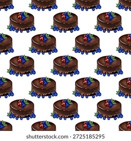 seamless pattern illustration of a chocolate cake with blueberry and redberry fruit toppings, as well as some small green leaves