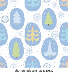 Seamless pattern illustration with Christmas trees and snowflakes. EPS 10. No transparency. No gradients.