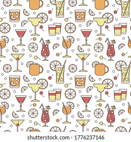 Seamless pattern illustration. Cocktail glasses high ball martini margarita shot Moscow mule mug. For card, poster, invitation or restaurant menu for beach party event, wallpaper or textile