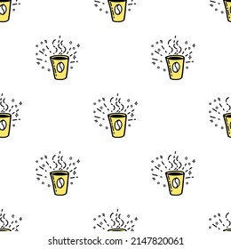 Seamless pattern with Illustration Coffee cup in a doodle style yellow color on white background