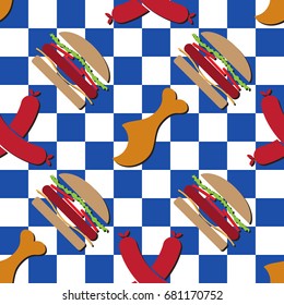 seamless pattern illustration, colored hamburgers, gnawed chicken legs and sausages with shadows - in front of a blue, white chessboard background