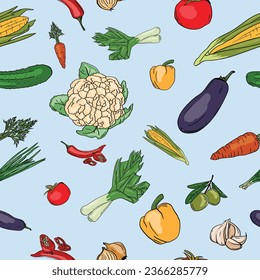 Seamless pattern with illustration of colored vegetables, food and cooking ingredients