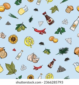 Seamless pattern with illustration of colored vegetables, food and cooking ingredients