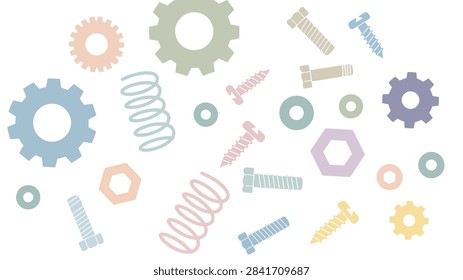 Seamless pattern illustration of colorful mechanical parts, gears, screws, bolts, and springs on a white background.
