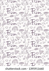 seamless pattern illustration, contour drawing on the theme of Italian pizza cuisine, for decoration and design. Doodle style vector EPS 10