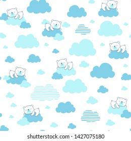 seamless pattern illustration of cute baby bear dreaming on blue clouds, design for baby and children