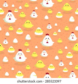 Seamless pattern illustration of cute chicken, chick, and egg in orange background.
