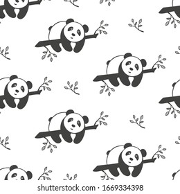 Seamless pattern illustration cute little Panda bear on a tree branch ,flat design