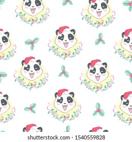 Seamless pattern with the illustration of a cute Panda in a cartoon style. Children vector background.