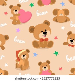 Ilustración de patrón transparente con icono de oso de peluche marrón lindo y dulce