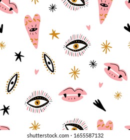 Seamless pattern illustration with cute vampire mouth lips, hearts and eyes. Halloween girl character concept. Vector EPS clip art