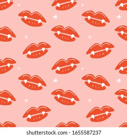 Seamless pattern illustration with cute vampire mouth lips. Halloween girl character concept. Vector EPS clip art