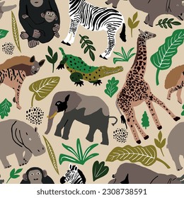 Seamless pattern illustration of cute wild safari African animals. Including giraffe, elephant, hyena, crocodile, hippo, rhinoceros zebrd cartoon doodle characters in scandinavian style. Kids
