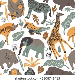 Seamless pattern illustration of cute wild safari African animals. Including giraffe, elephant, hyena, crocodile, hippo, rhinoceros zebrd cartoon doodle characters in scandinavian style. Kids