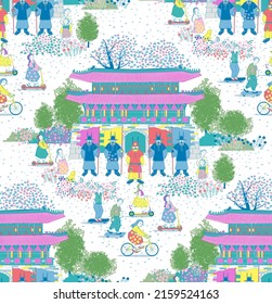 Seamless pattern illustration. The daily scenery in front of the royal palace, a historical heritage located in the middle of the Korean city	