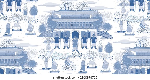 Seamless pattern illustration. The daily scenery in front of the royal palace, a historical heritage located in the middle of the Korean city		