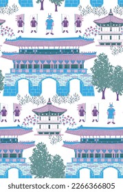 Seamless pattern illustration. The daily scenery in front of the royal palace, a historical heritage located in the middle of the Korean city