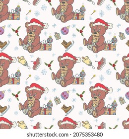 Ilustración de patrón sin inconvenientes para la decoración del diseño de Navidad y Año Nuevo, un oso de peluche en un sombrero de Papá Noel sentado al lado de una caja de regalo