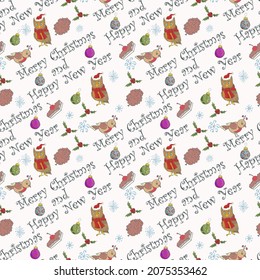 Seamless pattern illustration for decoration, packaging wrapper, owl and bird among the inscription congratulations snowflakes and holly flowers